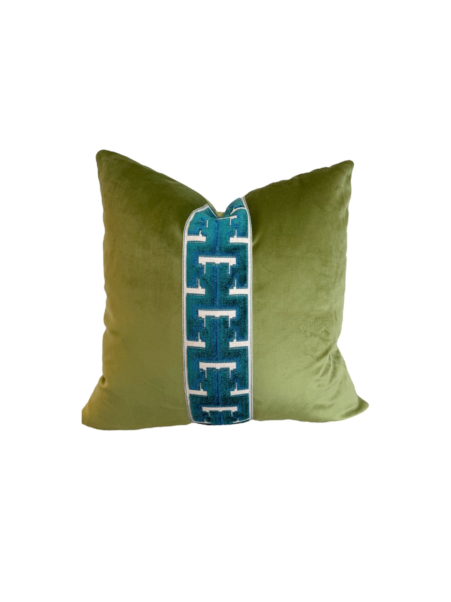 Green velvet with Peacock Trim Throw Pillow