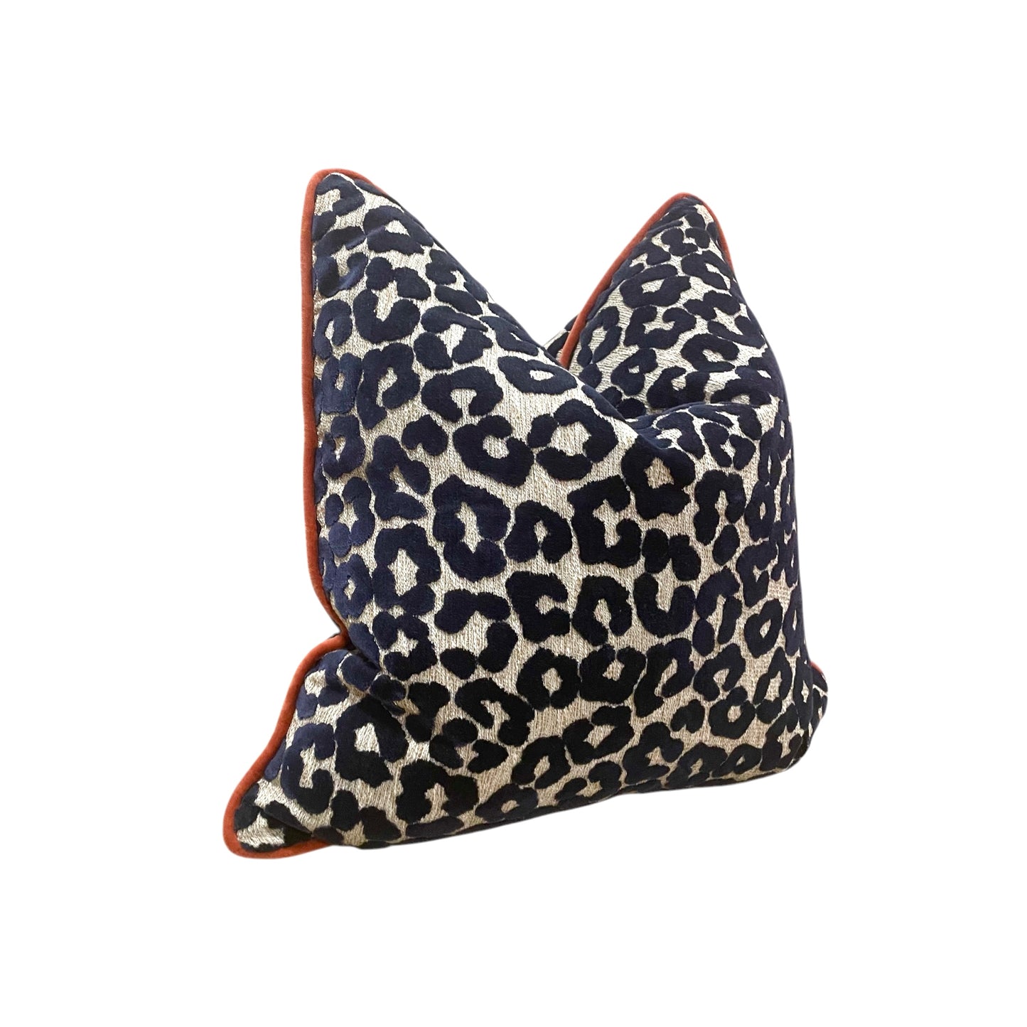 Navy Velvet Cheetah Throw Pillow with Rust Cording