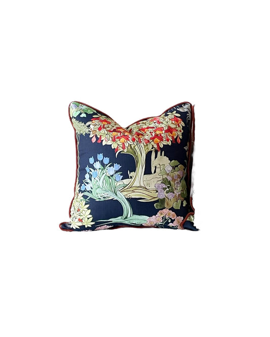 Navy Floral Throw Pillow with Rust Cording