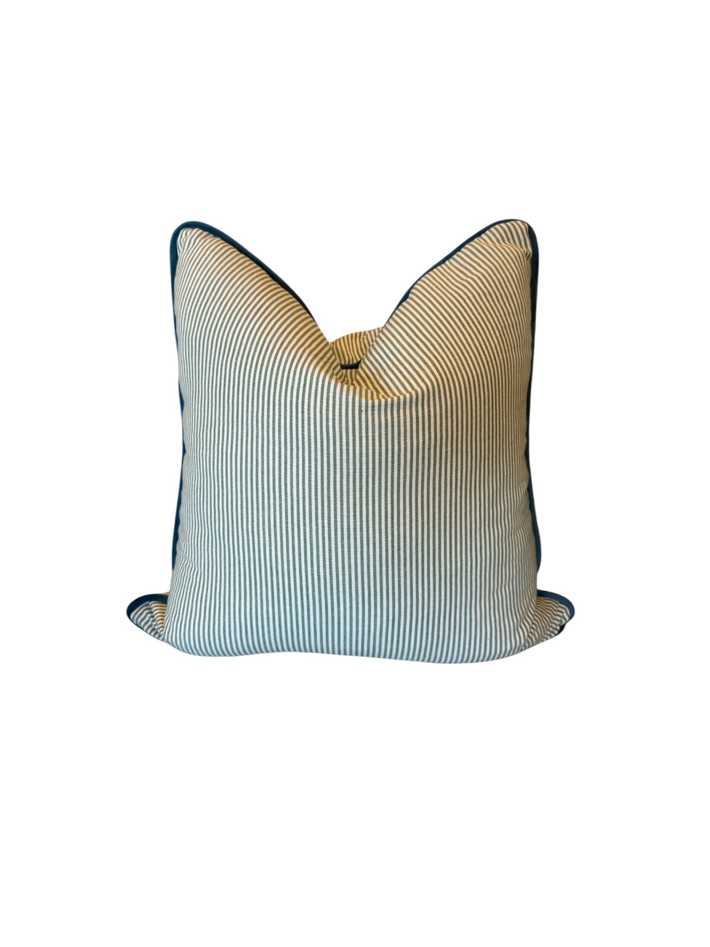 Green and White Striped Throw Pillow with Blue Cording