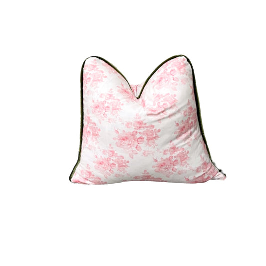 Pink Floral w Green Cording Throw Pillow