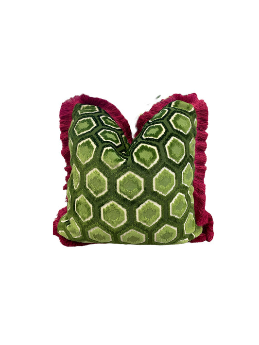 Emerald Velvet with Pink Fringe Throw Pillow