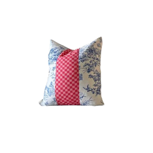 Blue Toile & Red/Pink Checked Stripe Throw Pillow