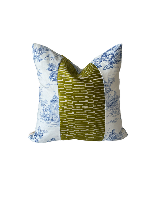 Blue Toile Chartreuse Stripe Throw Pillow