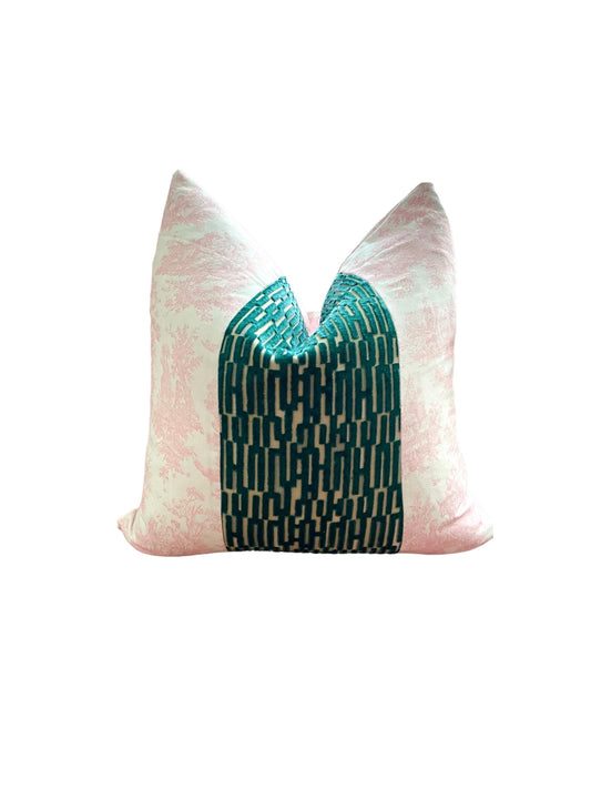 Pink Toile & Teal Velvet Stripe Throw Pillow