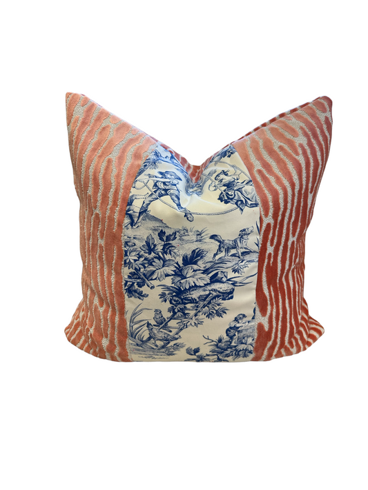 TGC Salmon Velvet & Blue Toile Stripe Throw Pillow